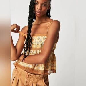 Free People Blossom Square Neck Peplum Babydoll Tank Top Tan Beige Small